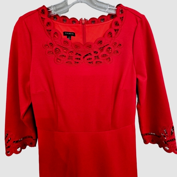 Nwot Talbots Red Ponte Knit Three quarter Sleeve Scalloped Cutout Lace Dress - Picture 7 of 17